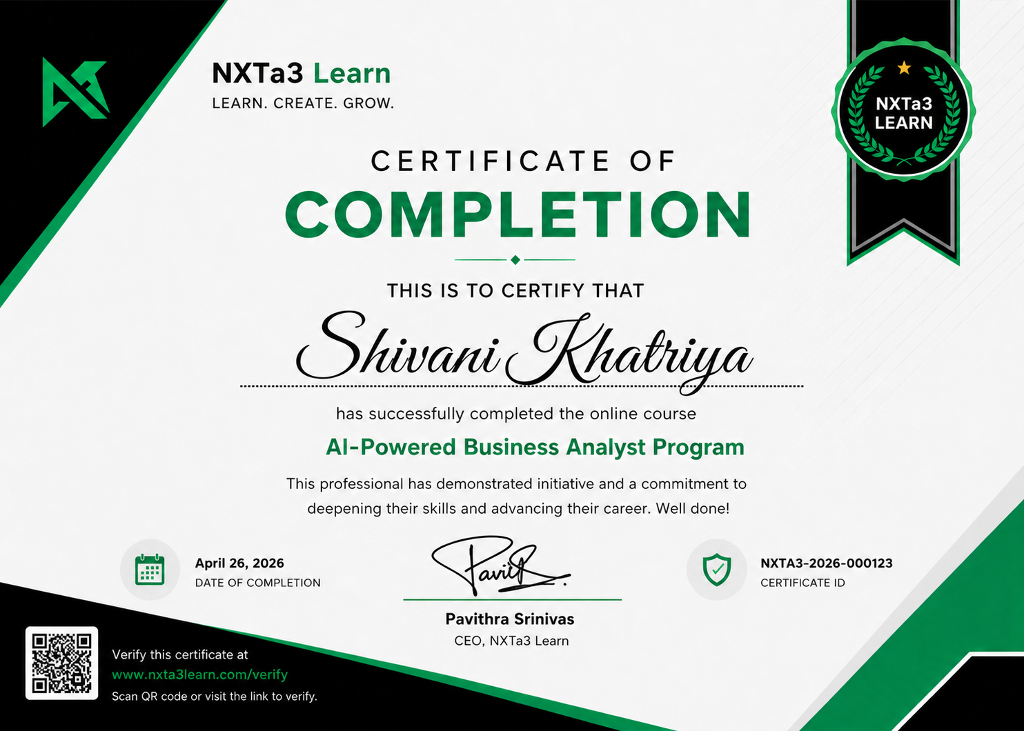 NXTa3 Learn certificate 3